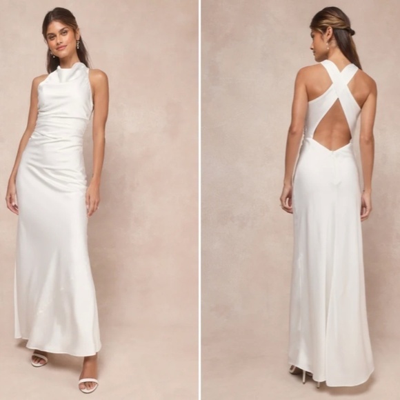 LULU's Bridal Satin Cowl Neck Modest Elegant Open Back Sophisticated Maxi Gown - Picture 1 of 6